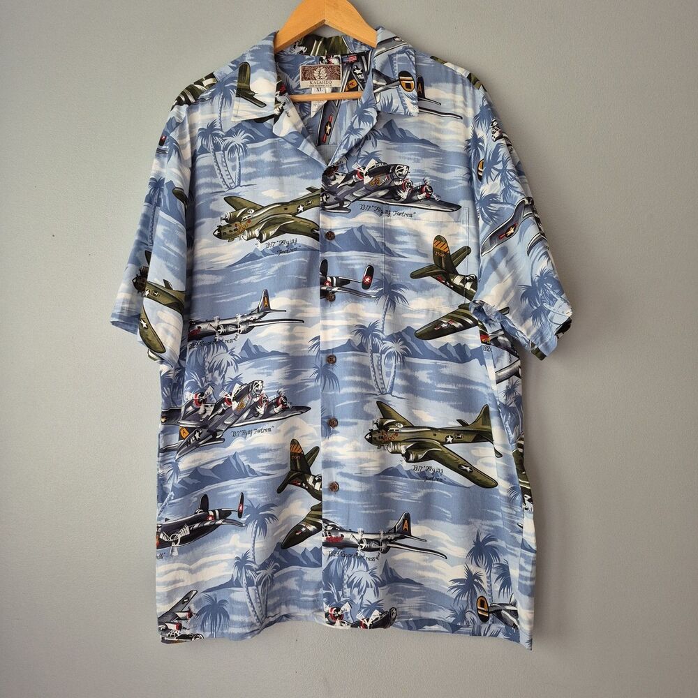 Kalaheo B17 Flying Fortress Cotton Rayon Short Sleeve Button Up Shirt Mens XL